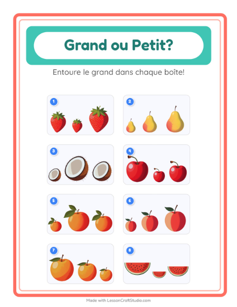 Aperçu de la fiche Grand Ou Petit avec Fruits pour École maternelle (petite/moyenne section, 3-5 ans)