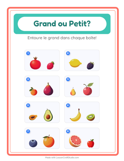 Aperçu de la fiche Grand Ou Petit avec Fruits pour École maternelle (petite/moyenne section, 3-5 ans)