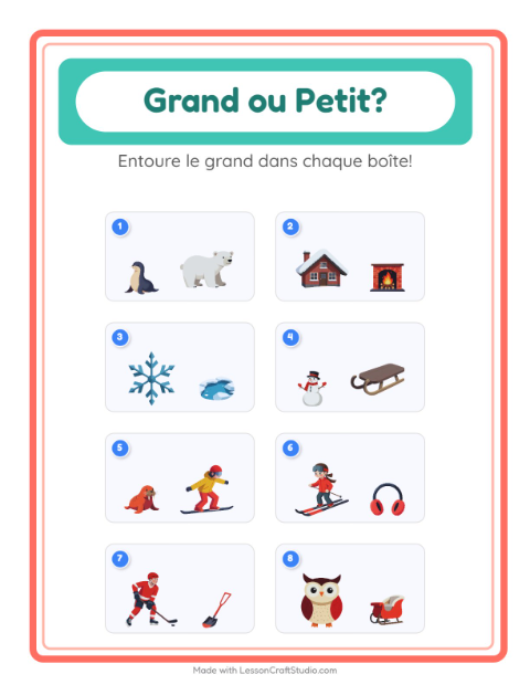 Aperçu de la fiche Grand Ou Petit avec Hiver pour École maternelle (petite/moyenne section, 3-5 ans)