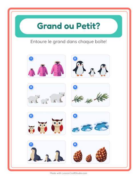 Aperçu de la fiche Grand Ou Petit avec Hiver pour École maternelle (petite/moyenne section, 3-5 ans)