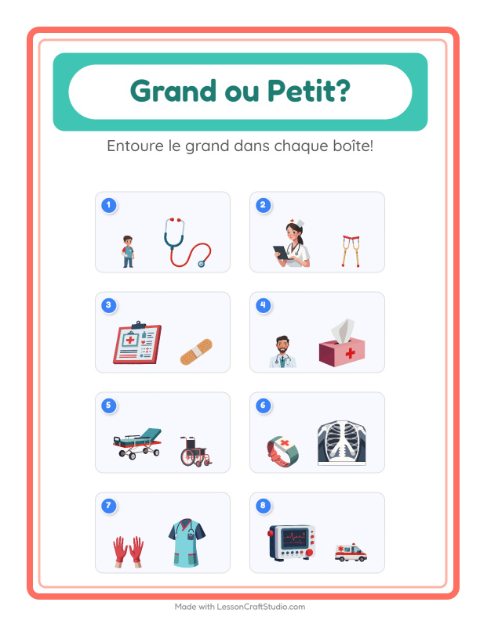 Aperçu de la fiche Grand Ou Petit avec Hôpital pour École maternelle (petite/moyenne section, 3-5 ans)