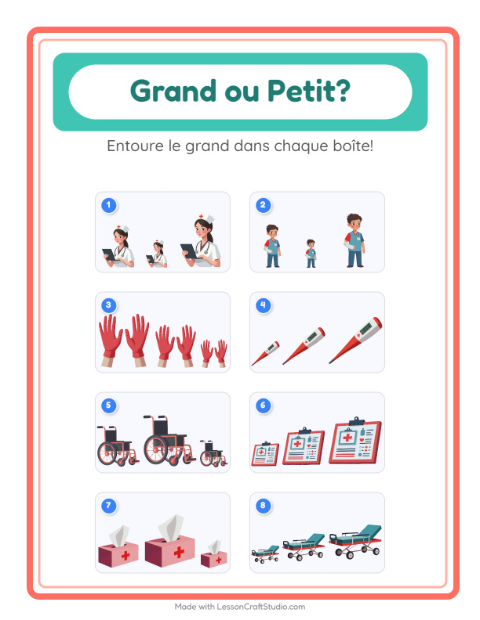 Aperçu de la fiche Grand Ou Petit avec Hôpital pour École maternelle (petite/moyenne section, 3-5 ans)