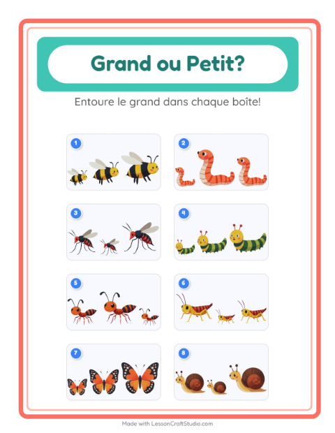 Aperçu de la fiche Grand Ou Petit avec Insectes et bestioles pour École maternelle (petite/moyenne section, 3-5 ans)