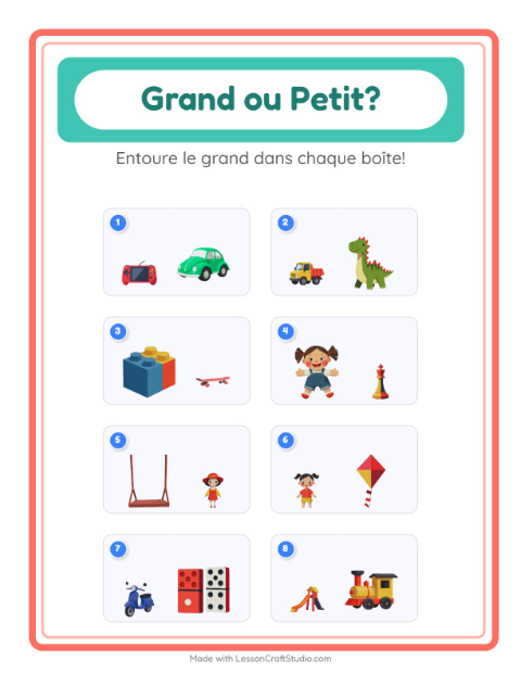 Aperçu de la fiche Grand Ou Petit avec Jouets pour École maternelle (petite/moyenne section, 3-5 ans)