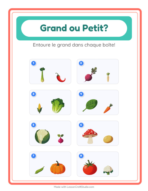 Aperçu de la fiche Grand Ou Petit avec Légumes pour École maternelle (petite/moyenne section, 3-5 ans)