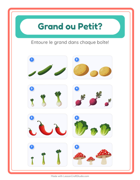 Aperçu de la fiche Grand Ou Petit avec Légumes pour École maternelle (petite/moyenne section, 3-5 ans)