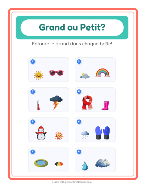 Aperçu de la fiche Grand Ou Petit avec Météo pour École maternelle (petite/moyenne section, 3-5 ans)