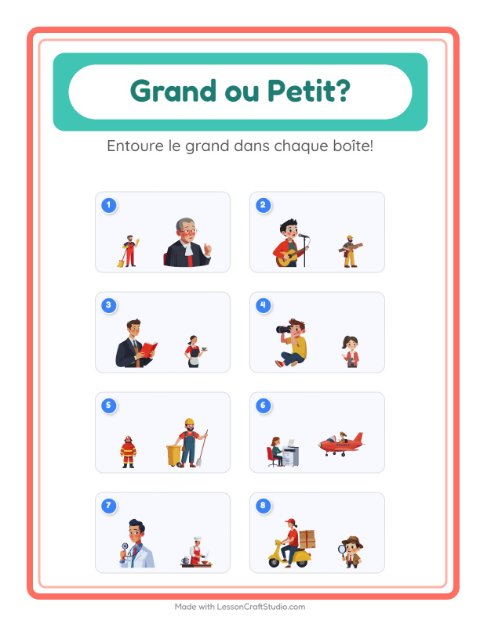 Aperçu de la fiche Grand Ou Petit avec Métiers pour École maternelle (petite/moyenne section, 3-5 ans)