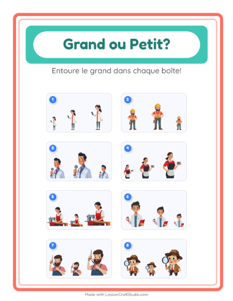 Aperçu de la fiche Grand Ou Petit avec Métiers pour École maternelle (petite/moyenne section, 3-5 ans)