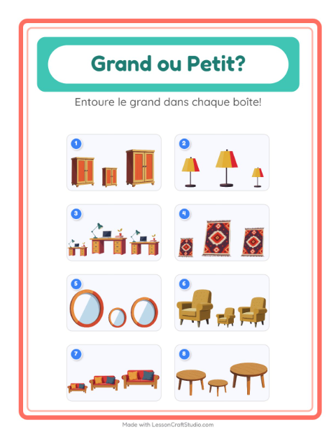 Aperçu de la fiche Grand Ou Petit avec Meubles pour École maternelle (petite/moyenne section, 3-5 ans)