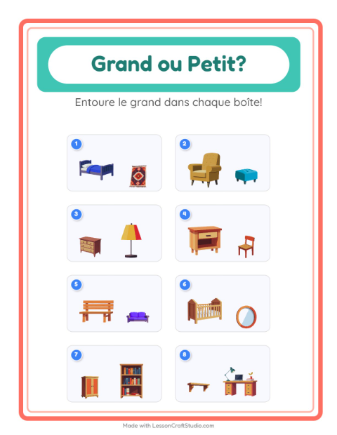 Aperçu de la fiche Grand Ou Petit avec Meubles pour École maternelle (petite/moyenne section, 3-5 ans)