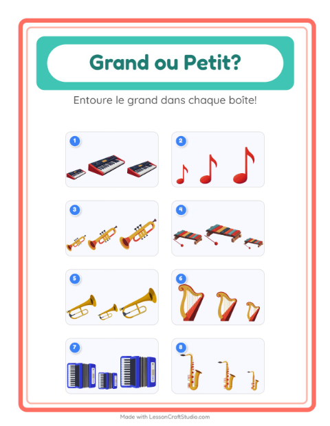 Aperçu de la fiche Grand Ou Petit avec Musique pour École maternelle (petite/moyenne section, 3-5 ans)