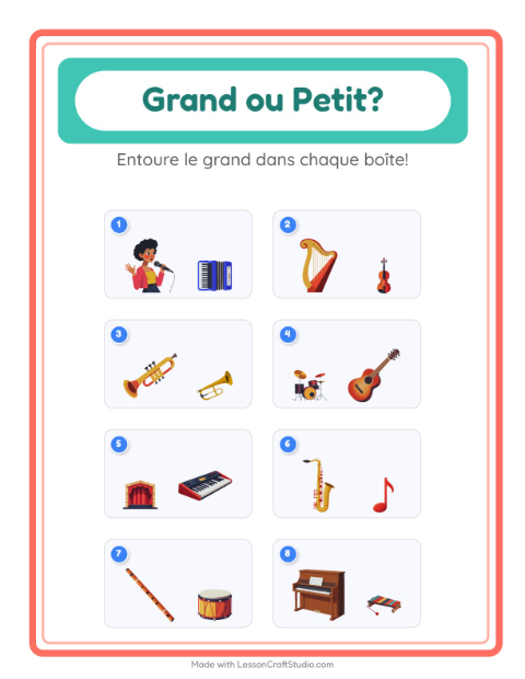 Aperçu de la fiche Grand Ou Petit avec Musique pour École maternelle (petite/moyenne section, 3-5 ans)