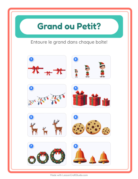 Aperçu de la fiche Grand Ou Petit avec Noël pour École maternelle (petite/moyenne section, 3-5 ans)