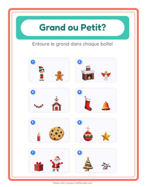 Aperçu de la fiche Grand Ou Petit avec Noël pour École maternelle (petite/moyenne section, 3-5 ans)