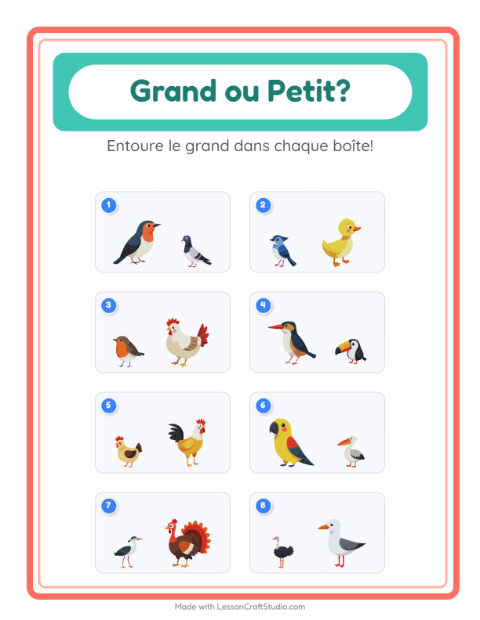 Aperçu de la fiche Grand Ou Petit avec Oiseaux 2 pour École maternelle (petite/moyenne section, 3-5 ans)
