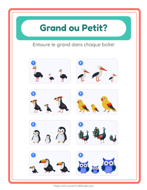 Aperçu de la fiche Grand Ou Petit avec Oiseaux pour École maternelle (petite/moyenne section, 3-5 ans)