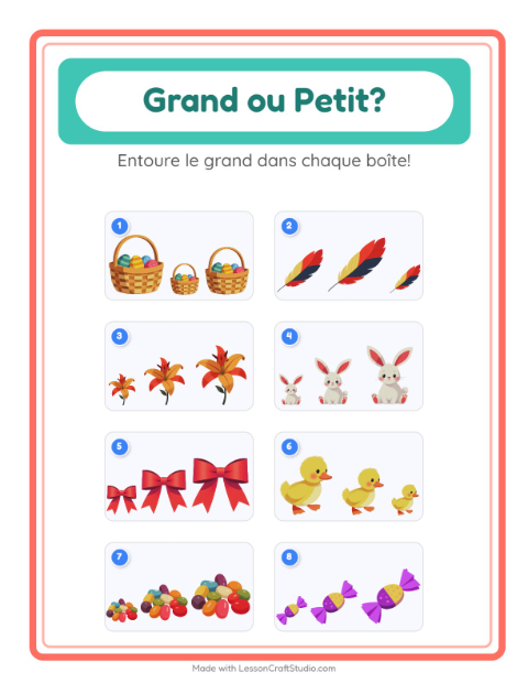 Aperçu de la fiche Grand Ou Petit avec Pâques pour École maternelle (petite/moyenne section, 3-5 ans)