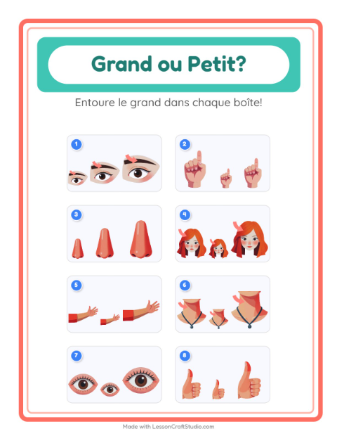Aperçu de la fiche Grand Ou Petit avec Parties du corps pour École maternelle (petite/moyenne section, 3-5 ans)