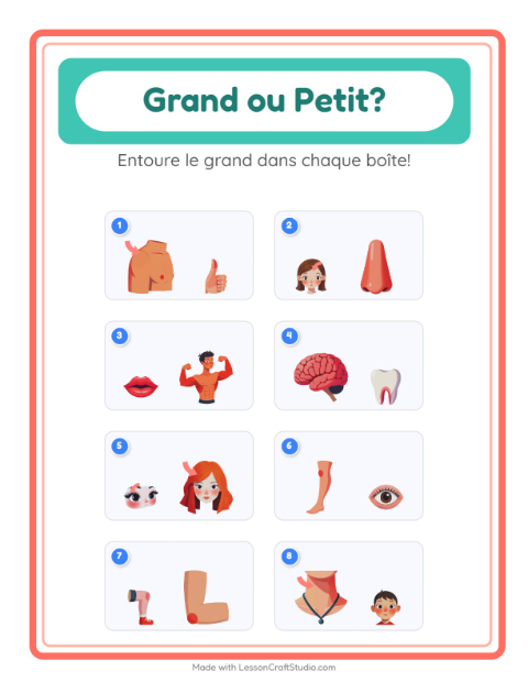 Aperçu de la fiche Grand Ou Petit avec Parties du corps pour École maternelle (petite/moyenne section, 3-5 ans)