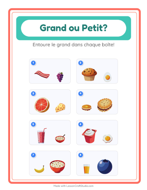 Aperçu de la fiche Grand Ou Petit avec Petit-déjeuner pour École maternelle (petite/moyenne section, 3-5 ans)