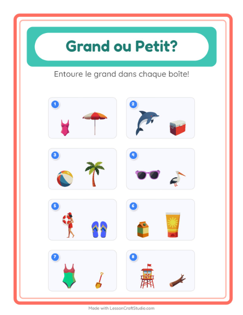Aperçu de la fiche Grand Ou Petit avec Plage pour École maternelle (petite/moyenne section, 3-5 ans)