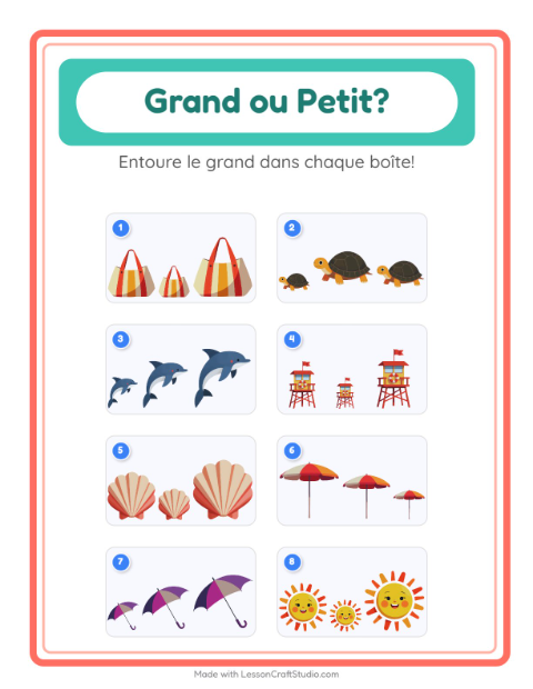 Aperçu de la fiche Grand Ou Petit avec Plage pour École maternelle (petite/moyenne section, 3-5 ans)