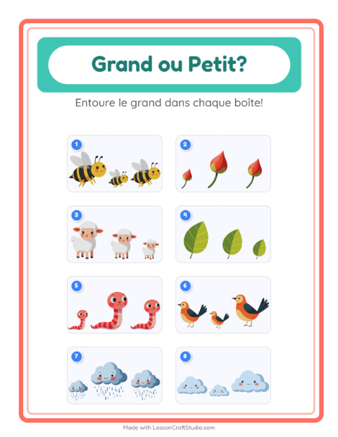 Aperçu de la fiche Grand Ou Petit avec Printemps pour École maternelle (petite/moyenne section, 3-5 ans)