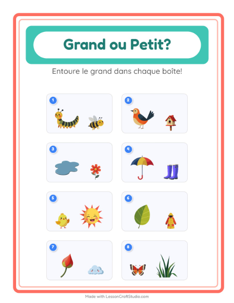 Aperçu de la fiche Grand Ou Petit avec Printemps pour École maternelle (petite/moyenne section, 3-5 ans)