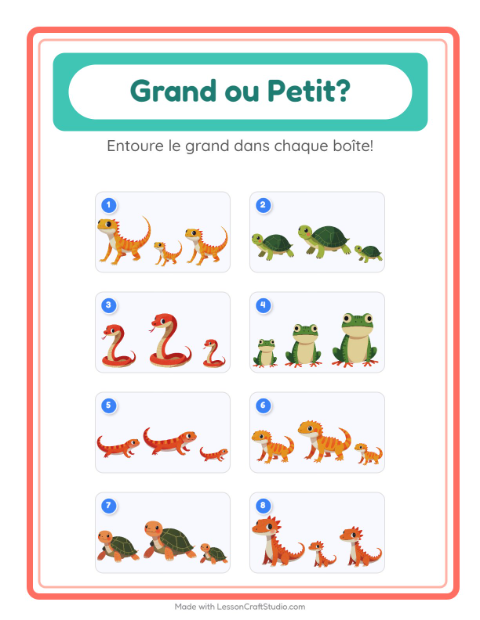 Aperçu de la fiche Grand Ou Petit avec Reptiles et amphibiens pour École maternelle (petite/moyenne section, 3-5 ans)