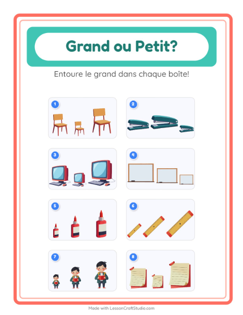 Aperçu de la fiche Grand Ou Petit avec Salle de classe pour École maternelle (petite/moyenne section, 3-5 ans)