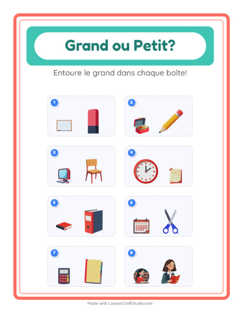 Aperçu de la fiche Grand Ou Petit avec Salle de classe pour École maternelle (petite/moyenne section, 3-5 ans)