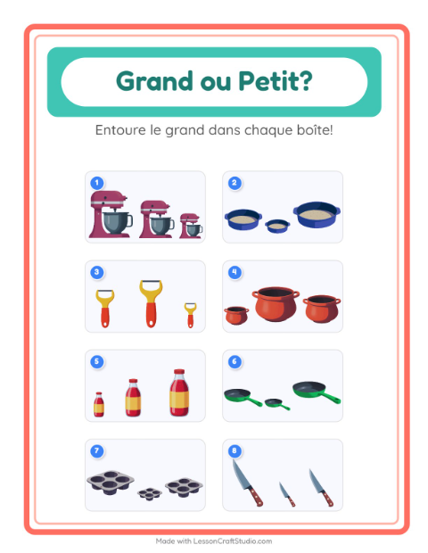 Aperçu de la fiche Grand Ou Petit avec Ustensiles de cuisine pour École maternelle (petite/moyenne section, 3-5 ans)
