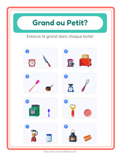 Aperçu de la fiche Grand Ou Petit avec Ustensiles de cuisine pour École maternelle (petite/moyenne section, 3-5 ans)