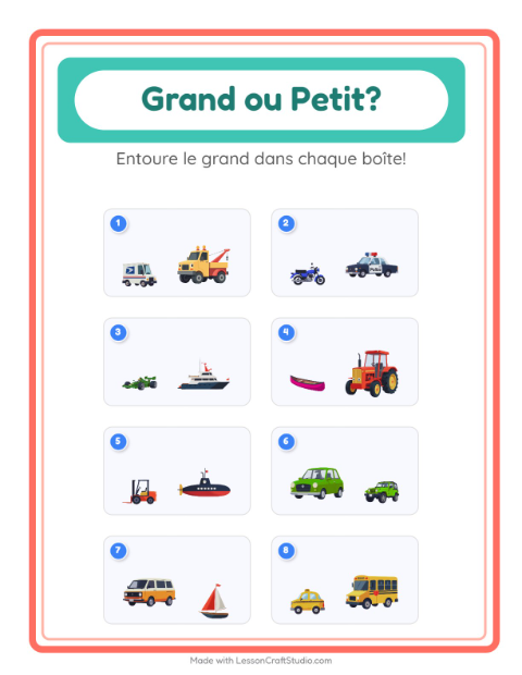 Aperçu de la fiche Grand Ou Petit avec Véhicules pour École maternelle (petite/moyenne section, 3-5 ans)