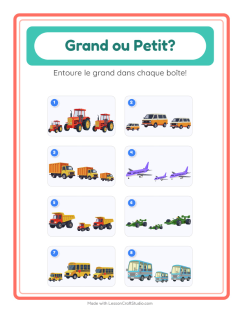 Aperçu de la fiche Grand Ou Petit avec Véhicules pour École maternelle (petite/moyenne section, 3-5 ans)