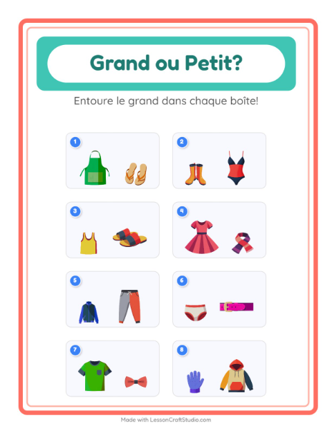 Aperçu de la fiche Grand Ou Petit avec Vêtements pour École maternelle (petite/moyenne section, 3-5 ans)