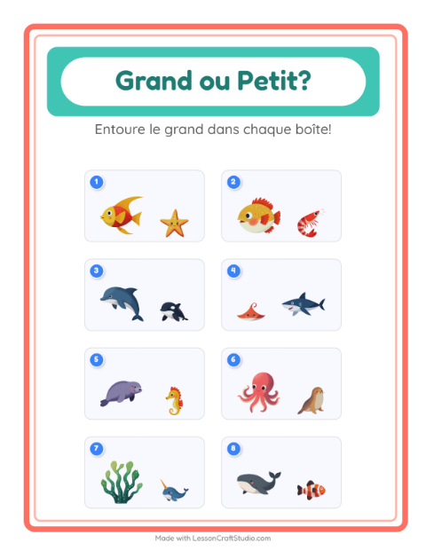 Aperçu de la fiche Grand Ou Petit avec Vie océanique pour École maternelle (petite/moyenne section, 3-5 ans)