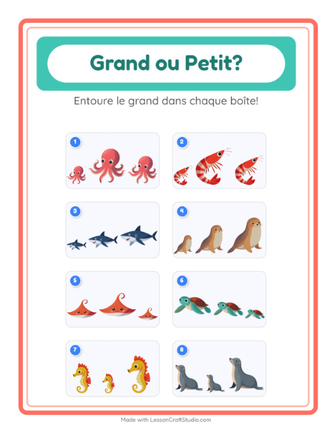 Aperçu de la fiche Grand Ou Petit avec Vie océanique pour École maternelle (petite/moyenne section, 3-5 ans)