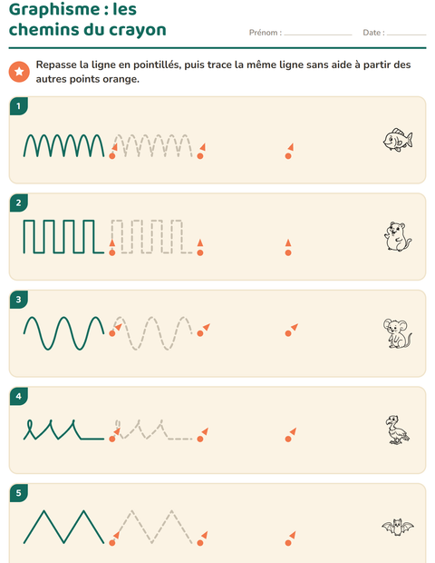 Aperçu de la fiche Graphisme avec Animaux NB 5 pour École maternelle (grande section, 5-7 ans)