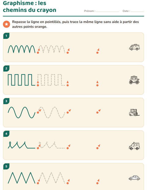 Aperçu de la fiche Graphisme avec Véhicules NB 3 pour École maternelle (grande section, 5-7 ans)