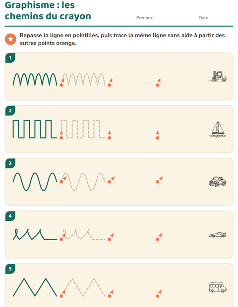Aperçu de la fiche Graphisme avec Véhicules NB pour École maternelle (grande section, 5-7 ans)