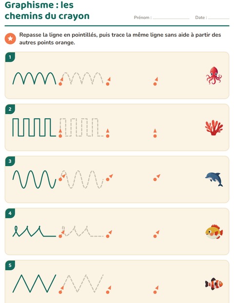 Aperçu de la fiche Graphisme avec Vie océanique pour École maternelle (grande section, 5-7 ans)