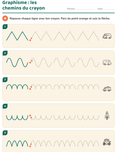 Aperçu de la fiche Graphisme avec Véhicules NB 3 pour École maternelle (grande section, 5-7 ans)