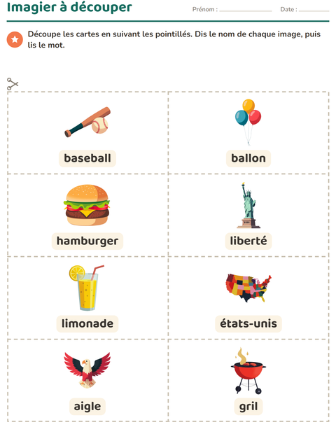 Aperçu de la fiche Imagier avec 4 juillet pour École maternelle (grande section, 5-7 ans)