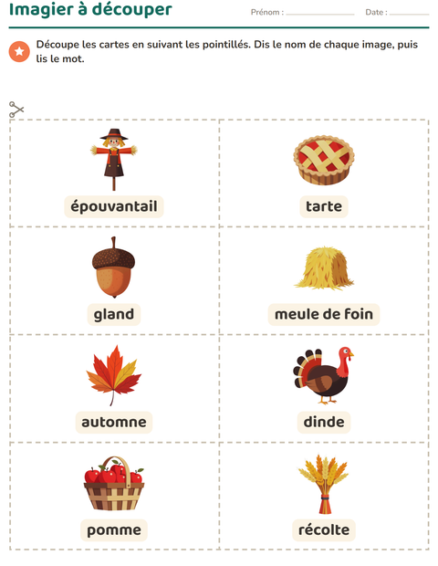 Aperçu de la fiche Imagier avec Action de grâce pour École maternelle (grande section, 5-7 ans)