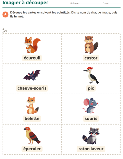 Aperçu de la fiche Imagier avec Créatures de la forêt pour École maternelle (grande section, 5-7 ans)