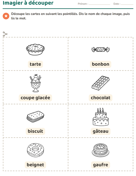 Aperçu de la fiche Imagier avec Dessert (N&B) pour École maternelle (grande section, 5-7 ans)