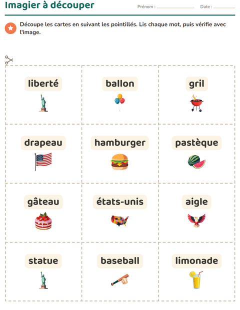 Aperçu de la fiche Imagier avec 4 juillet pour École maternelle (grande section, 5-7 ans)