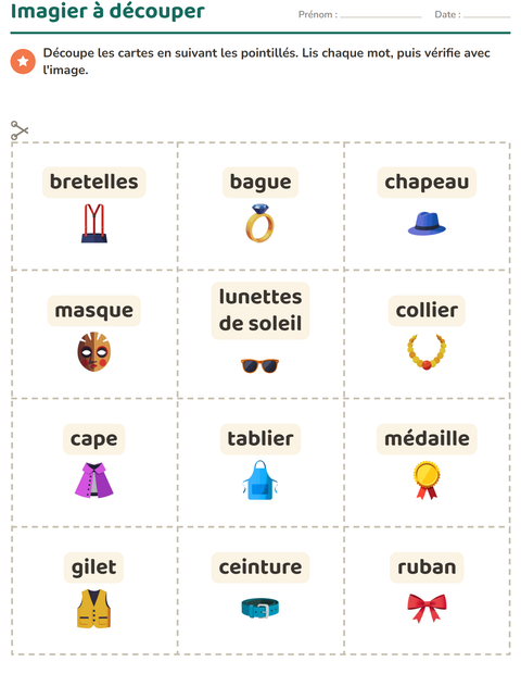 Aperçu de la fiche Imagier avec Accessoires pour École maternelle (grande section, 5-7 ans)